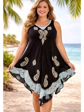 Collections Etc Womens Asymmetrical Dress Boho Embroidered Paisley Beach XL/XXL